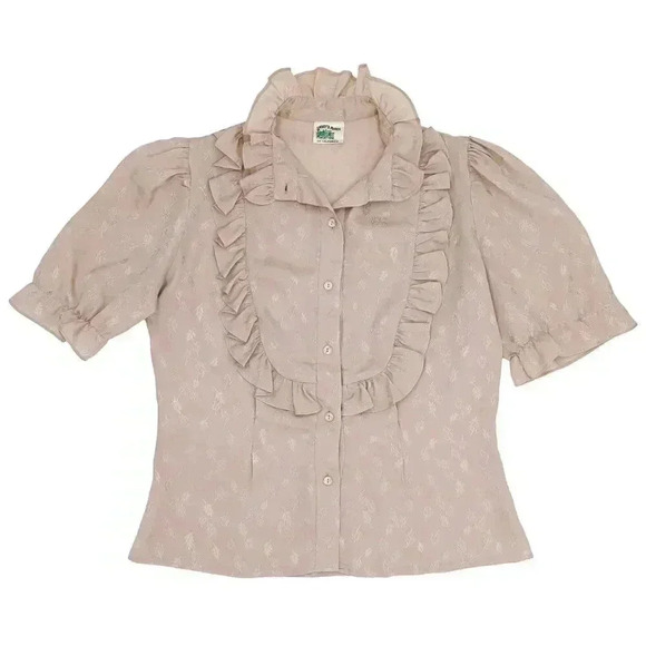 Vintage Tan Leaf Bib Ruffle Blouse Size Medium Short‎ Puff Sleeve Summer Top - Picture 1 of 4